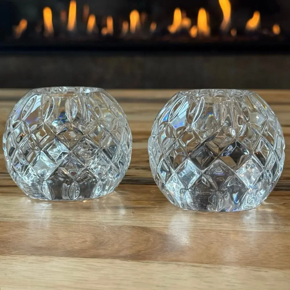 Pair VTG Illusions Samobor 24% Lead Crystal Votive Candle Holder Rose Bowl Set 2